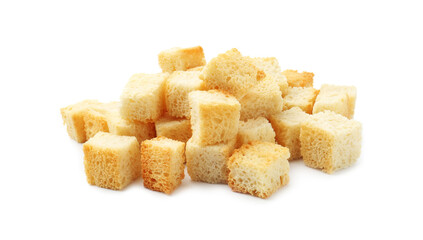 Pile of tasty crispy croutons isolated on white
