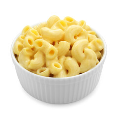 Delicious pasta with cheese sauce in bowl isolated on white
