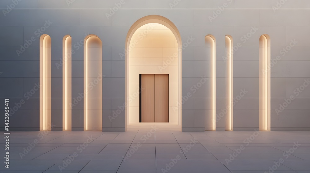Poster softly illuminated modern architecture with elegant arches and minimalist design