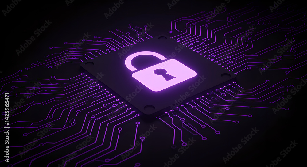 Poster abstract visualization of cybersecurity concept with a lock icon on a microchip and circuits glowing