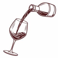 Wine Bottle Pouring Red Wine Into Glass Hand Drawn Style
