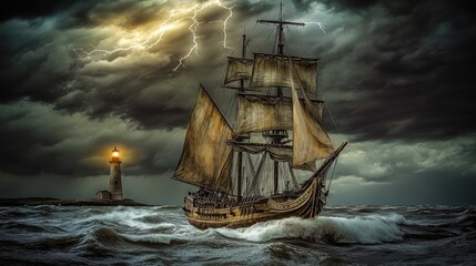 a painting of a pirate ship in the ocean with the sun setting in the background, gothic ship on ocean