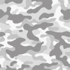 Abstract halftone seamless camouflage pattern. Repeating digital dotted hexagonal camo military texture background. Abstract modern fabric textile ornament. Vector illustration.