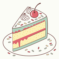 Delicious Cake Slice Vector Illustration Topped With Cherry And Sprinkles