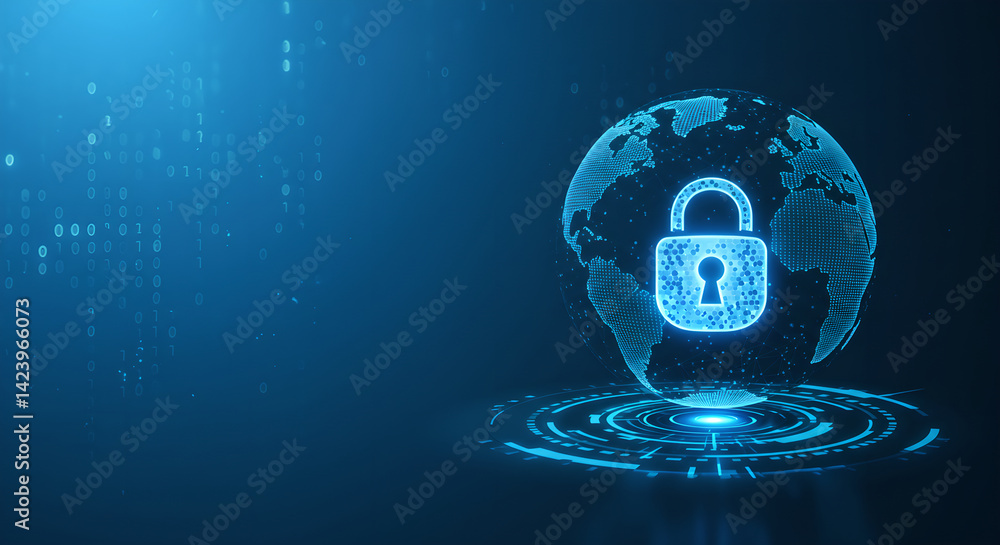 Poster global network earth with padlock over dark binary code background. futuristic data transfer protect