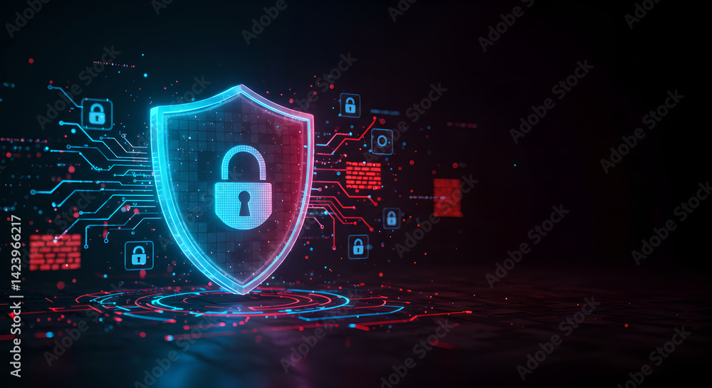 Poster cybersecurity digital fortress shield and pad lock secure data connection. future technology and saf