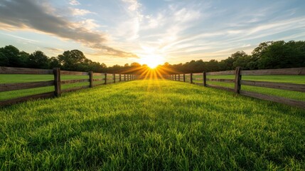 A breathtaking sunset illuminates a serene green pasture, with a wooden fence guiding the viewer's eye toward the horizon, evoking feelings of peace and tranquility.