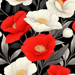 Red and White Peony Floral Pattern on Black Background