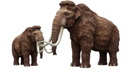 Realistic Mammoths Interacting On Transparent Background