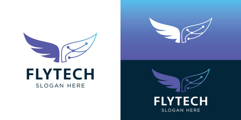 Obraz premium Modern flytech logo template. Wing technology logo design vector illustration.