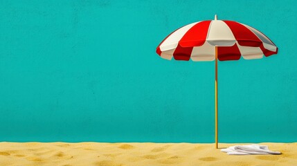 Fototapeta premium Red and White Striped Beach Umbrella on Sandy Beach with Teal Wall