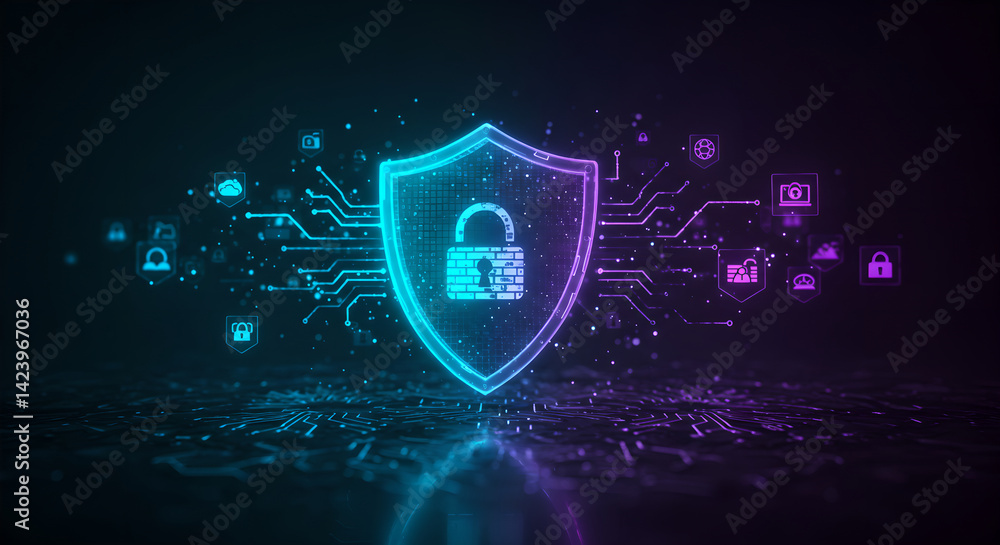 Poster shield hologram with padlock and circuit board lines on dark background demonstrating cybersecurity 