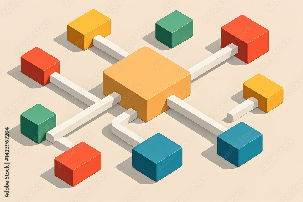Poster an abstract representation of a network, showcasing interconnected colored blocks. ideal for illustr