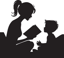 mother telling a story to her little boy black silhouette vector art illustration