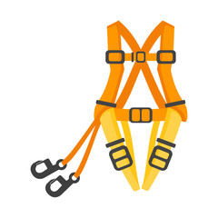 Safety harness for fall protection in construction and industrial work. Personal protective equipment (PPE) for worker security. Vector illustration isolated on a white background.