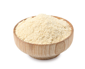 Superfood product. Sesame seeds powder in bowl isolated on white