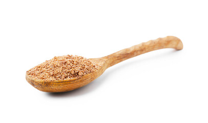 Superfood product. Flaxseed powder in spoon isolated on white