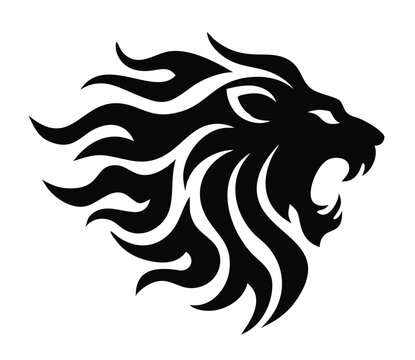 A flat silhouette of a lion roaring with flames incorporated into its mane for a dynamic and bold logo, black silhouette on a white background.