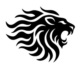 Roaring lion line vector logo, black on white, flame mane, wild cat outline, fierce beast icon, king of jungle, dynamic stroke design, majestic predator, minimal graphic emblem.