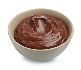 Tasty chocolate pudding in bowl isolated on white