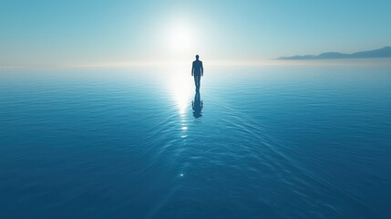 Lone figure walking into the horizon, across a tranquil, infinite sea
