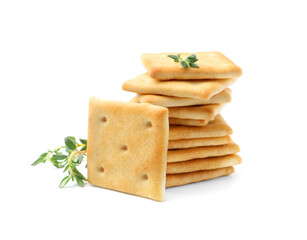 Tasty salty crackers with thyme isolated on white