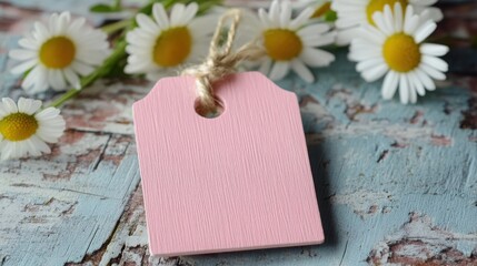 Pink blank gift tag, Women's and Mother's Day theme, space for text. Mottled wood background, daisy decoration, warm holiday wishes.