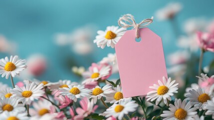 Pink blank gift tag, Women's and Mother's Day theme, space for text. Mottled wood background, daisy decoration, warm holiday wishes.