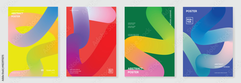 Poster abstract line wave gradient poster background vector set. cover template with vibrant perspective li