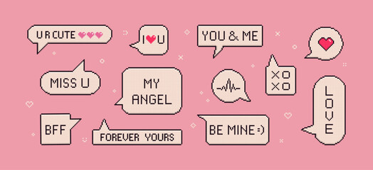 Pixel art speech bubbles with romantic phrases. Love quotes in 8-bit style dialogue boxes on a pink background.
