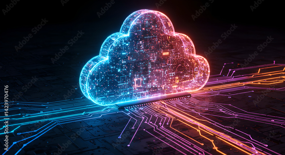 Poster cloud computer hologram on circuit board with data flow. digital storage technology concept. futuris