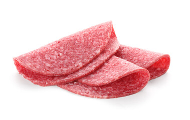 Slices of tasty smoked sausage isolated on white