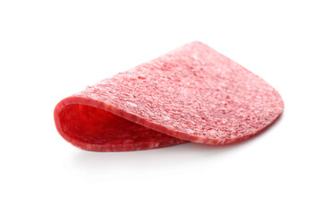 Slice of tasty smoked sausage isolated on white