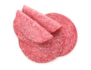 Slices of tasty smoked sausage isolated on white, top view