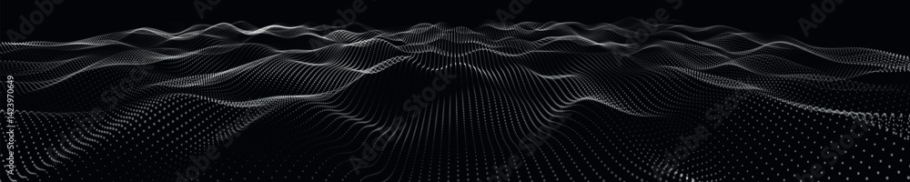 Poster futuristic dot wave. abstract digital particle wave. black and white music wave. dark background. di