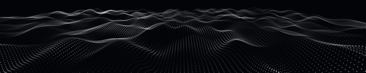 Futuristic dot wave. Abstract digital particle wave. Black and white music wave. Dark background. Digital background with smooth wavy curves. 3D vector illustration