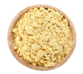 Dry ginger powder in bowl isolated on white, top view
