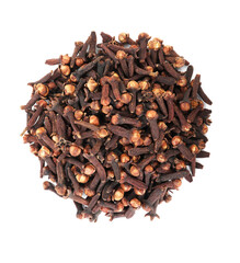 Pile of aromatic cloves isolated on white, top view