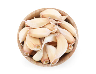 Aromatic garlic in bowl isolated on white, top view