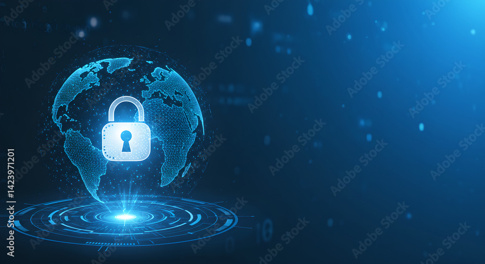 Poster global network lock icon on digital circuit background. cybersecurity concept with world grid and da