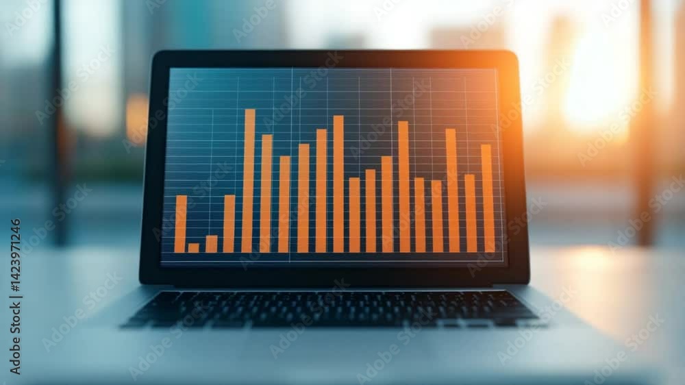 Poster modern laptop displaying colorful bar chart in bright office environment during sunset for business 