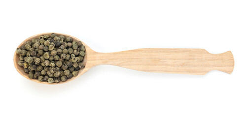 Aromatic green pepper in wooden spoon isolated on white, top view