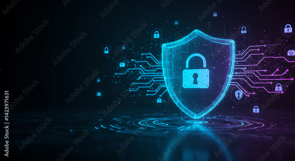 Poster cyber security concept with shield icon and circuit board background. digital data protection and ne