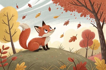 A young cute red fox at a top of small hill in autumn forest, AI generated image