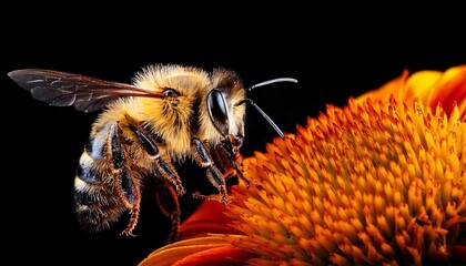 Bee close to flower in macro with black background