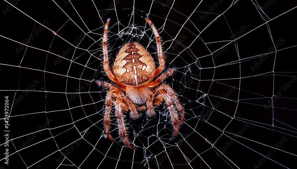 Wall mural spider in the web with black background in macro lens