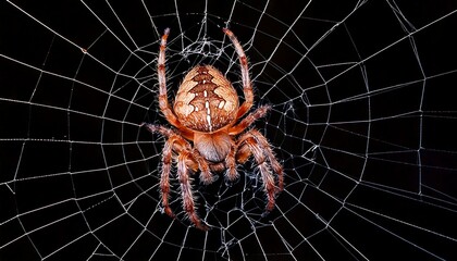 Spider in the web with black background in macro lens