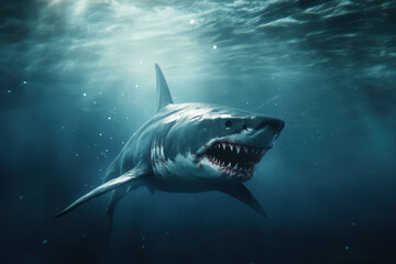 Naklejka premium A massive, prehistoric-looking shark glides through the dark ocean depths. Its battle-scarred body softly reflects light, enhancing its mysterious and formidable presence.
