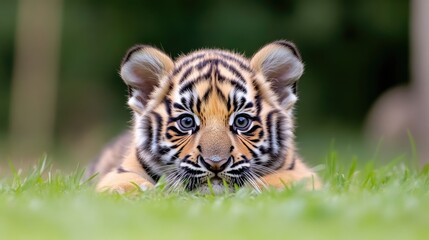 Adorable tiger cub, lying in grass, looking directly at camera