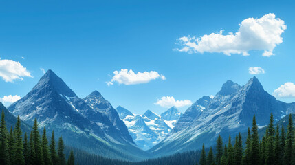 Obraz premium Majestic Mountain Range Under Clear Blue Sky with Green Forest in Foreground and Clouds